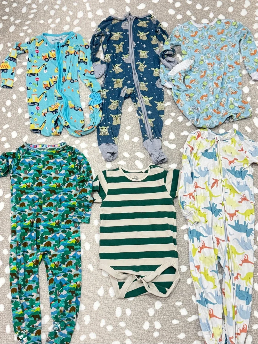 Lot of 6 bamboo footies magnetic me toy story onesie baby toddler boy zippy